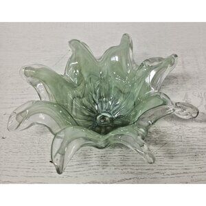 Vintage Ballantine Hand Blown Green Art Glass Iridescent Swirl Flower Candy Bowl